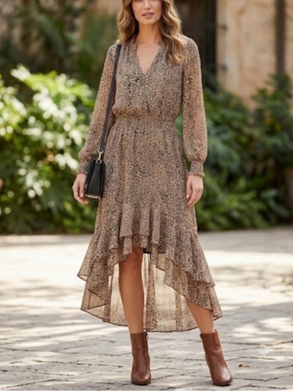 1.STATE Animal Print V-Neck Ruffled High-Low Maxi Dress Size Small‎ Brown Fall